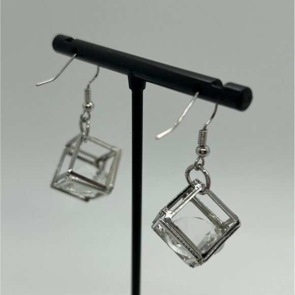 Silver-Tone Box Earrings Clear Rivoli Dangles Pierced Hooks Geometric - Picture 5 of 12